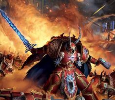 an image of a warhammer in the middle of a battle with flames behind him