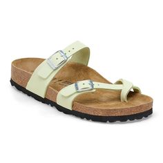 Mayari Nubuck Leather Faded Lime | BIRKENSTOCK Fall Wedges, Birkenstock Styles, Happy Shoes, Toe Loop Sandals, Boys Sandals, Suede Fashion, Birkenstock Mayari, Shoe Insoles, Buckle Sandals