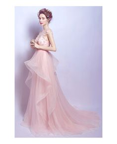 Blush A-line Scoop Neck Sweep Train Tulle Wedding Dress With Beading Pink Tulle Wedding Dress For Prom Season, Pink Ball Gown With Detachable Train, Pink Ball Gown Evening Dress With Detachable Train, Pink Wedding Gown With Sweep Train, Pink Floor-length Wedding Dress With Sweep Train, Tulle Ball Gown With Sweep Train For Quinceanera, Pink Gown With Detachable Train For Prom, Pink Lace Bodice Ball Gown For Wedding, Pink Tulle Ball Gown Wedding Dress