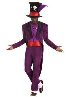 a man in a purple suit and top hat is standing with his hands out to the side