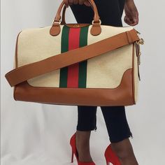 Travel In Style. Weekender Bag. New With Tags. Adjustable Strap. Removable Strap. Keys. Lock. Luggage Tag Included. Leather Piping Gucci Canvas. Can Be Used As A Handbag Too! Beige Bag With Brown Padding Featuring A Classic Red And Green Strip Design Gold-Toned Hardware Supreme Canvas And Leather Piping Dual Handles Removable And Adjustable Shoulder Strap Two Small Interior Pouches One Large Zipped Pouch Includes Lock And Two Keys 11" X 17.5" X 9.5" Comes With Gucci Dustbag Gucci Duffel Bag Travel, Gucci Travel Bag, Gucci Gg Bag, Gucci Satchel, Gucci Travel, Leather Travel Accessories, Modern Handbag, Strip Design, Travel Duffel Bag