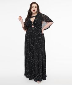 Smak Parlour Plus Size 1970s Black & Silver Star Cape Maxi Dress - Unique Vintage - Womens, DRESSES, MAXI Dresses 60s, Dresses 70s, 30s Dresses, 20s Dresses, Cutout Neckline, Dresses 40s, 1970s Style, Patch Dress, 60s Dress