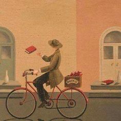 a painting of a man riding a bike with a dog on the back and a cat sitting in front of him