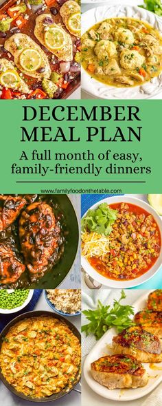 a collage of different meals with the words december meal plan