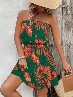 Naranja Bohemio Collar sin mangas Tela tricotada Tropical,Plantas,Estampado Integral A línea Embellished No-Elástico Caribbean Outfits, Colorful Plant, Plant Print, Dress For Short Women, Tropical Plants, Waist Dress, Kids Beachwear, Dress P, Bohemian Style