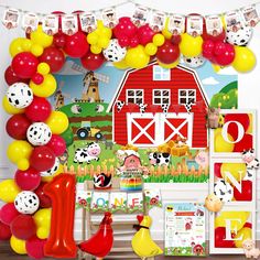 a farm themed birthday party with balloons, decorations and pictures on the wall in front of it