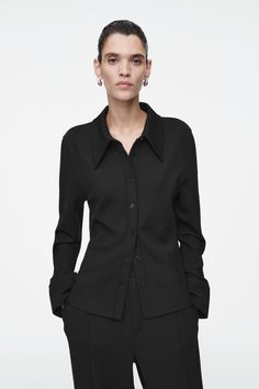 EXAGGERATED-COLLAR JERSEY SHIRT Black Dress Shirt Women's, Black Dress Shirt Women, Long Collar Shirt, Cos Shirt, Black Collared Shirt, Exaggerated Collar, Black Button Up Shirt, Modern Wardrobe, Black Shirt Dress