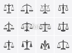 the scales of justice and law icons in black on a white background - stock photo