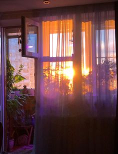 the sun is setting through the curtains in this room with plants and potted plants on the window sill