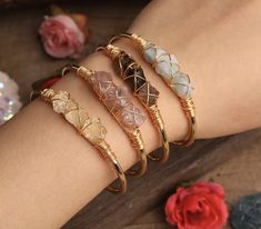 Gemstone bracelet Healing Together, Rose Gold Cuff Bracelet, Stone Bangles, Gold Cuff Bracelet, Metaphysical Healing, Stone Bangle, Crystal Bangle, Gold Bracelet Cuff, Gold Cuffs