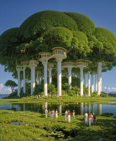 a group of people standing in front of a lake surrounded by tall trees and columns