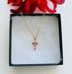 **A beautiful Dainty Cross Cubic Zirconia stones birthstone charm necklace with  gold-filled chain. Perfect for a birthday ** 16 Gold Filled chain** 5x4mm CZ Cross Pendant ** A friendly reminder in taking care of the chain - the chain will fade if exposed in water, chemicals, perfume, or even sometimes perspiration ** Pink Cross Pendant Necklace For Gift, Cross-shaped Birthstone Necklaces As Gifts, Gold Cubic Zirconia Necklace For Birthday, Cross Necklace With Birthstone For Gift, Cross-shaped Birthstone Necklace For Gift, Cubic Zirconia Cross Pendant Necklace As A Gift, Gold Crystal Birthstone Necklaces As Gift For Her, Gold Gemstone Necklace For Birthday Gift, May Birthstone Cross Pendant Jewelry Gift