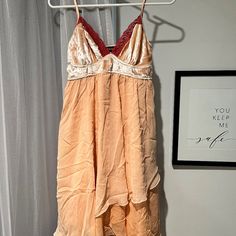 Peach Chiffon Dress With Pink Lace Size Small. Brand New With Tags Beach Chiffon Dress With Lace Trim, Peach Lace Trim Dress For Summer, Peach Sleeveless Dress With Lace Trim, Sleeveless Peach Dress With Lace Trim, Red Sleeveless Slip Dress For Brunch, Red Slip Dress For Summer Brunch, Peach Summer Dress For Night Out, Peach Dress For Summer Night Out, Peach Summer Night Out Dress