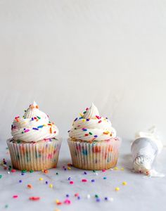 two cupcakes with white frosting and sprinkles on a table