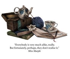 there is a teapot, book and cup on the table with a quote from miss marple