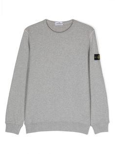 light grey cotton mélange effect signature Compass motif crew neck long sleeves fitted-cuff sleeves straight hem Stone Island Junior, Round Neck Sweatshirts, Boys Hoodies, Boys Top, Stone Island, Grey Cotton, Grey Sweatshirt, Cuff Sleeves, Compass