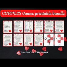 valentine's games printable bundle with hearts and dices on the side, in red