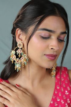 22Kt matte gold plated chandbali earrings with jadtar stones and beaded embellishments. - Aza Fashions Luxury Chandbali Gemstone Earrings, Luxury Bohemian Chandbali Earrings, Bollywood Style Chandbali Earrings For Designer Wear, Designer Chandbali Earrings For Festive Occasions, Chandbali Jhumkas For Designer Wear, Chandbali Jhumkas With Cutdana For Designer Wear, Chandbali Cutdana Jhumkas For Designer Wear, Bollywood Style Chandbalis With Gota Work For Designer Wear, Designer Chandbali Earrings For Diwali