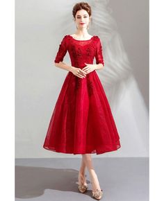 Buy Burgundy Red Lace Tea Length Party Dress With Half Sleeves at wholesale price online. Free shipping and pro custom service since 2009. Red A-line Dress For Banquet, Red Midi Dress For Banquet, Red Knee-length Evening Dress For Prom Season, Red A-line Midi Dress For Banquet, Red Knee-length Evening Dress For Prom, Red Tea Length Dress For Formal Occasions, Red Tea-length Dress For Formal Occasions, Red Tea Length Formal Dress, Red Midi Dress For Wedding And Prom Season