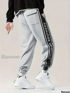 Russoo - Canadian Brothers Print Mens Striped Pants: Active Mid-Stretch Breathable Joggers, Ideal for Outdoor Activities Casual Full Length Sweatpants With Letter Print, Casual Gray Pants With Letter Print, Casual Winter Bottoms With Letter Print, Casual Letter Print Bottoms For Winter, Sportswear Pants With Letter Print For Spring, Sportswear Style Letter Print Pants For Spring, Sportswear Letter Print Pants For Spring, Sporty Letter Print Pants For Spring, Stretch Pants With Letter Print For Winter