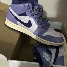 2 Different Purples Air Jordan 1s Cream Colored Bottoms Brand New Worn Once Size 7.5 In Women's Accept Offers Sporty Jordan Shoes With Round Toe, Custom Purple Sneakers For Sports, Purple Jordan 1s, Jordan Shoes Purple, Purple Jordans, Purple Nike Shoes, Sneakerhead Room, Air Jordan 1s, Next Shoes