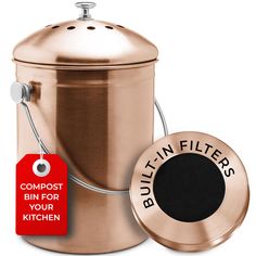 a copper canister with a tag that says butttin filters compost bin for your kitchen