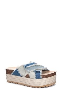 Frayed trim highlights the patchwork denim straps of a vintage-chic sandal grounded by an espadrille-inspired sole. 2 1/2" platform Synthetic upper, lining and sole Imported Summer Vacation Denim Wedge Sandals, Denim Wedge Sandals For Summer Vacation, Denim Open Toe Wedge Sandals For Vacation, Trendy Denim Wedge Sandals With Platform, Trendy Denim Platform Wedge Sandals, Trendy Denim Wedge Sandals For Spring, Beach Denim Open Toe Wedge Sandals, Denim Open Toe Wedge Sandals For Beach, Spring Denim Platform Wedge Sandals