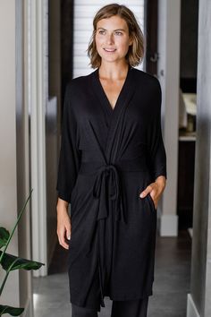 Patterned after our popular Nina Robe, the Kendra Robe provides added length and longer sleeves. This roomy kimono-style bamboo sweater robe has an attached belt and pockets. Favorite Pairings: Nina Robe, Kat Pajama Set, Brooke Cardigan