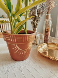 a potted plant sitting on top of a table next to a plate and vase