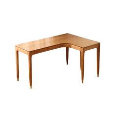 a wooden table with two legs and a curved top on an isolated white background,