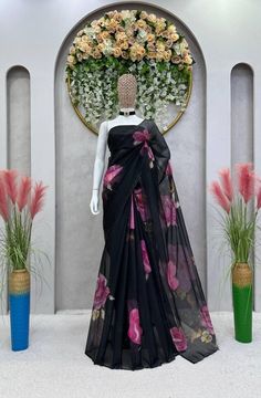 Floral print black saree for women, organza silk saree with hot fix work, party wear saree for function,wedding saree for reception and gift Product Details : 1) Saree Details : Saree Color : Black  Saree Length : 5.50 Meter Saree Work : Hot Fix With Digital Print  Saree Fabric : Organza silk 2) Blouse Details : Blouse Color : Matching Blouse Length : 0.8 Meter Blouse Work : Plain Blouse Fabric : Benglori Silk Blouse wear by model is just for modeling purpose only actual blouse may vary. For mor Semi-stitched Black Art Silk Blouse Piece, Elegant Black Organza Pre-draped Saree, Unstitched Black Art Silk Saree, Black Art Silk Saree, Black Art Silk Saree For Diwali, Elegant Black Art Silk Dupatta, Designer Art Silk Black Blouse Piece, Elegant Black Chanderi Saree, Designer Black Art Silk Blouse Piece