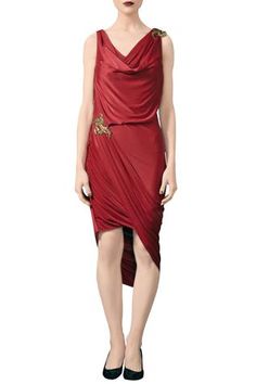 Shop for Mandira Wirk Red Draped Asymmetric Dress for Women Online at Aza Fashions Pre-draped Asymmetrical Sleeveless Ruched Dress, Pre-draped Asymmetrical Sleeveless Dress, Pre-draped Ruched Asymmetrical Sleeveless Dress, Sleeveless Ruched Asymmetrical Dress, Draped Sleeveless Dress For Night Out, Red Sleeveless Asymmetrical Dress For Evening, Red Asymmetrical Sleeveless Evening Dress, Red Sleeveless Asymmetrical Evening Dress, Pre-draped Sleeveless Asymmetrical Cocktail Dress