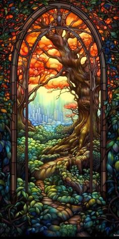 a stained glass window with an image of a tree