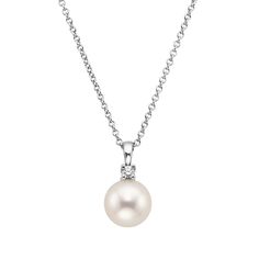 Premium Akoya Cultured Pearl and Diamond Pendant (8mm) - 18K White Gold. A premium Akoya cultured pearl and shimmering diamond accent hang from a classic white gold cable chain. This elegant, organic pearl features brilliant luster and shine with traditional grace and beauty. Classic Pearl Necklace With Diamond Accents For Anniversary, Classic Pearl Necklace With Diamond Accents, Classic Pearl Necklace With Diamond Accents For Wedding, Classic Wedding Pearl Necklace With Diamond Accents, Fine Jewelry Pearl Necklace With Brilliant Cut Round Pendant, Classic Silver Pearl Necklace With Diamond Accents, Timeless Pearl Necklace With Diamond Accents For Anniversary, Classic White Gold Pearl Necklace For Anniversary, Timeless Pearl Necklace With Diamond Accents For Formal Occasions