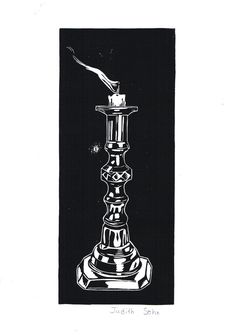 a black and white drawing of a lit candle on top of a stand with a hand reaching for it