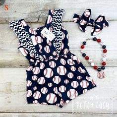 Baseball Romper Milk Silk (95% Polyester, 5% Spandex) Bow And Necklace Not Included Baseball Girls, Baseball Outfit, Boys Romper, Children's Boutique, Girls Clothing Sets, Milk Silk, Silk Material, Printed Rompers, Girls Rompers