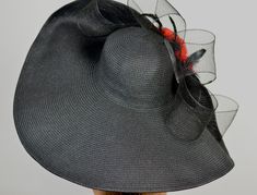 "Vogue hats are perfect for horse racing events, church, the Kentucky derby, weddings, garden tea parties and charity events. There is a tie on the inside of the hat that helps adjust the size from large to small. 100% Brand new, hand made and high quality. One size hat. Brim is approx. 8\" Please feel free to ask me any questions or special requests. I have designed & created each piece in my shop. All pieces are securely wrapped & boxed to prevent damage/breakage. Please visit my other Black Top Hat For Summer Church Events, Black Top Hat For Church In Summer, Black Summer Hat For Wedding, Black Summer Top Hat For Church, Black Summer Wedding Hat, Summer Black Wedding Hat, Summer Wedding Black Hat, Black Mini Hats For Summer Weddings, Black Top Hat For Spring Wedding