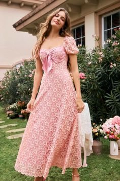 Divia Pink Lace Floral Maxi Dress Fancy Modest Dresses, Bow Jacket, Pink Lace Maxi Dress, Chinese Fancy Dress, Squared Neckline, Cute Modest Outfits, Green Velvet Dress, Velvet Midi Dress, Simple Accessories