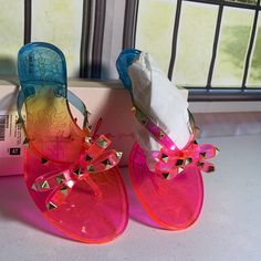 Hello - 40 Stud Bow Tie Sandals Rainbow Women’s Rainbow 8 Hello 40, Slippers Heels, Toms Sandals, Rainbow Heels, Heels Short, Brown Slip On Shoes, Arch Support Sandals, Supportive Sandals, Soft Sandals