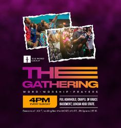 the gathering flyer with photos of people in purple and orange colors, including an image of two