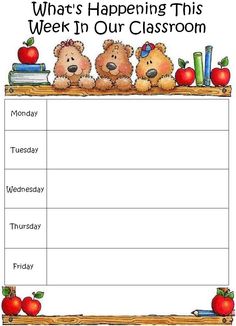 a classroom timetable with teddy bears sitting on top of books and an apple in the background