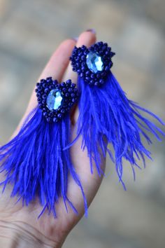 Feather earrings Royal ultramarine blue heart tassel Natural ostrich Watterfall beaded crystal earrings Bohemian boho Statement beadwork Bohemian Fringe Chandelier Earrings For Party, Bohemian Handmade Tassel Earrings For Wedding, Bohemian Feather Earrings For Party, Party Feather Dangle Jewelry, Handmade Bohemian Tassel Earrings For Party, Party Jewelry With Feather Dangles, Party Jewelry With Dangle Feathers, Bohemian Party Jewelry With Feathers, Elegant Summer Jewelry With Beaded Fringe