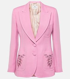 Luxury Spring Blazer, Tailored Embroidered Blazer With Notch Lapel, Chic Long Sleeve Blazer With Floral Embroidery, Formal Tailored Blazer With Floral Embroidery, Luxury Notch Lapel Blazer For Spring, Tailored Floral Embroidered Blazer For Formal Occasions, Winter Formal Blazer With Floral Embroidery, Embroidered Notch Lapel Blazer For Work, Luxury Spring Outerwear With Floral Embroidery