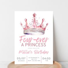 a pink princess birthday party card with a crown on it