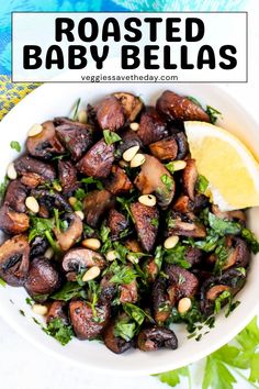 roasted baby bells with lemon and parsley in a white bowl