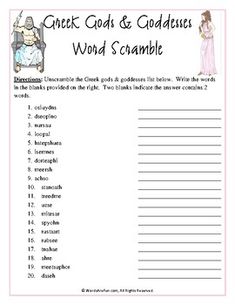 the word scramble worksheet for greek gods and goddesss, which includes an image of