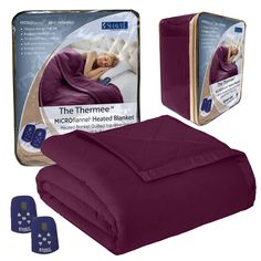 thermo micro - plush heated blanket and two remotes are shown in front of it