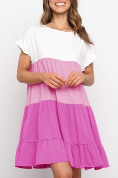 Colorblock Short Sleeve Loose Midi Dress P10984 Multicolor Spliced Short Sleeve Dress, Casual Pink Splicing Dresses, Casual Pink Spliced Dresses, Summer Mini Dress With Contrast Color, Casual Pink Dresses With Splicing, Spring Mini Dress With Contrast Color, Casual Dresses With Contrast Color For Beach, Casual Beach Dresses With Contrast Color, Casual Pink Dress With Contrast Color