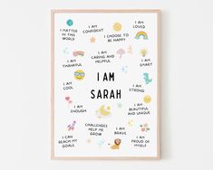 a poster with the words i am sarah written in different languages and pictures on it