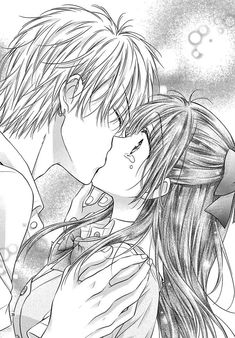 an anime couple kissing each other with the background drawn in black and white, as well as